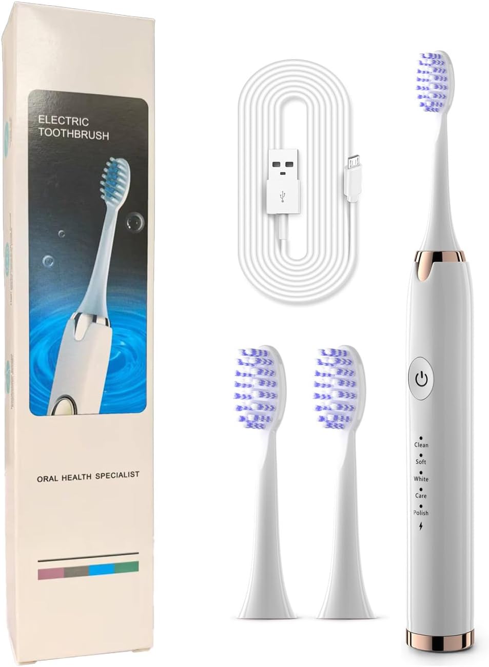 Electric Toothbrush for Adults, 5 Modes USB Rechargeable with 2 Extra Brush Heads, 6600 RPM Sonic Toothbrush with 2-Minute Timer, IPX7 Waterproof, Soft Bristles