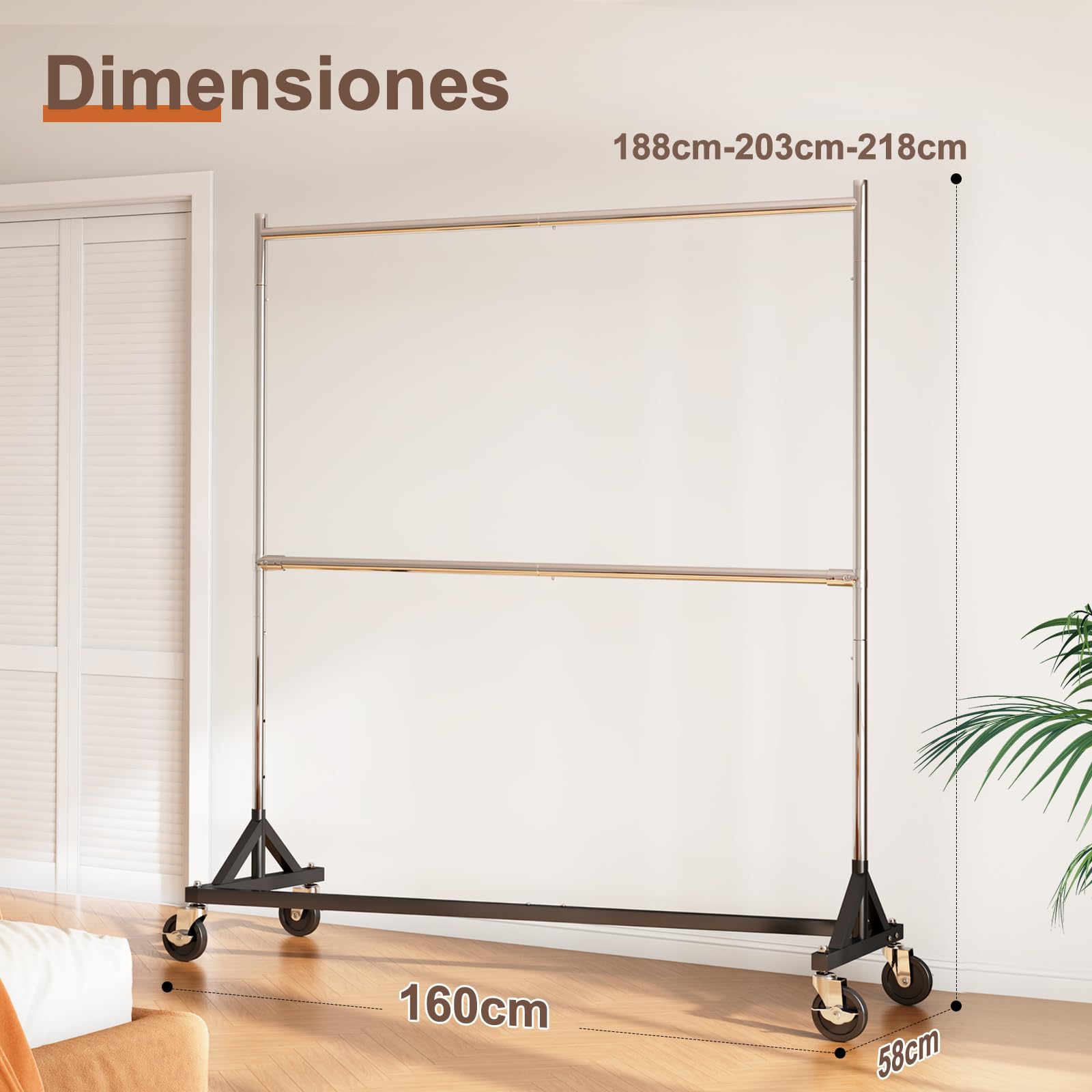 HOKEEPER Burro de Ropa Comercial Resistente de Doble Barra, Base en Z con Ruedas, 250kg, Altura Ajustable para Tiendas, Boutiques, Dormitorio, Plateado