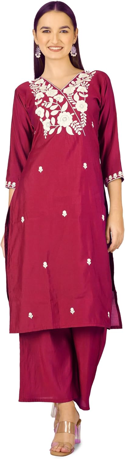 ladyline Maslin Silk Salwar Kameez with White Chikankari Embroidery | Cutwork Dupatta & Palazzo | Ethnic Kurta Pants Suit Set