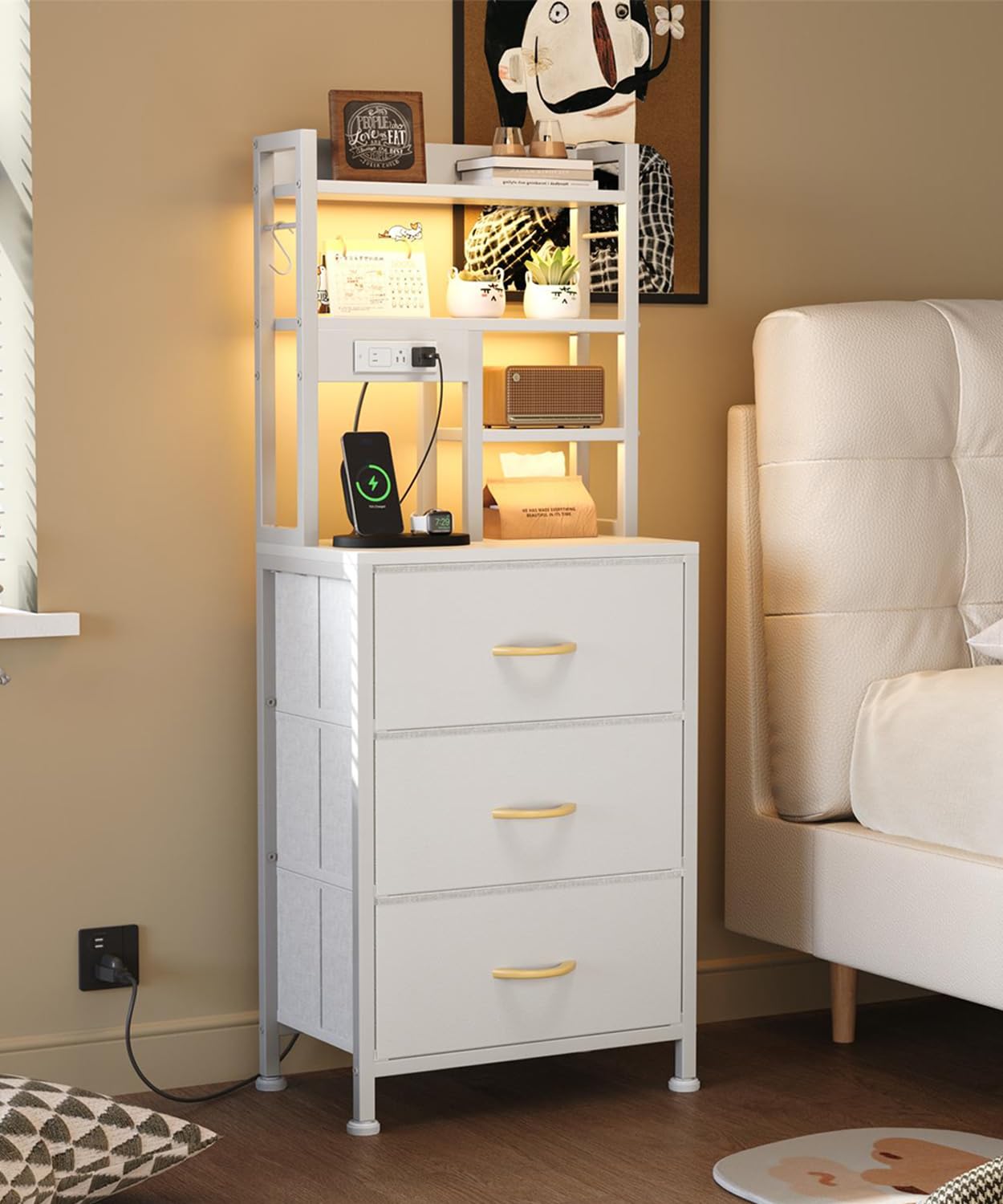 MUTUN Bedside Table with Charging Station and LED Lights, Tall Nightstand with 2 Outlets and 2 USB Ports, Sofa Table with 3 Fabric Drawers and Bookshelf for Living Room, Bedroom, Office (White)