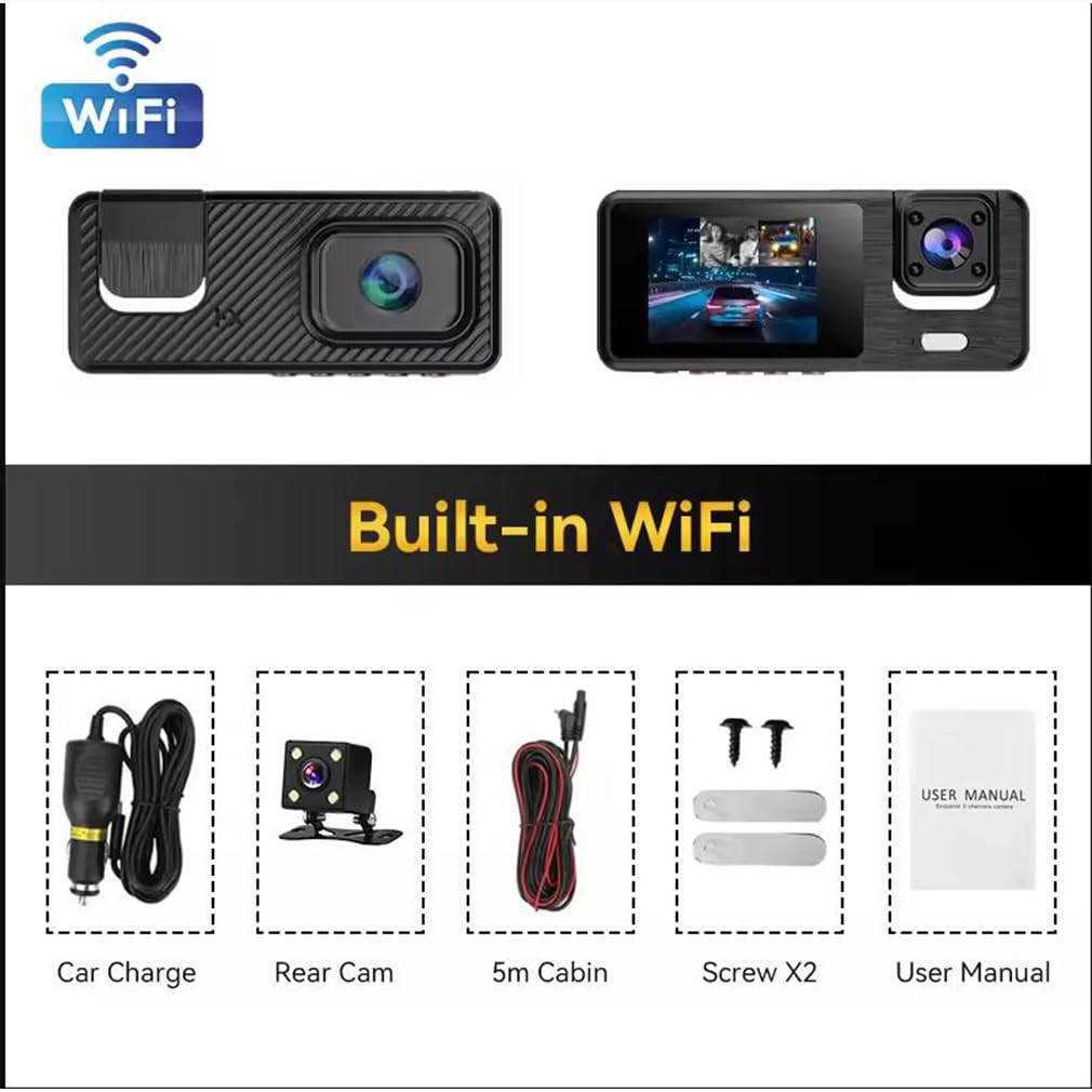 Kamera samochodowa z 3 obiektywami do samochodów wbudowana aplikacja Wi-Fi, przednia HD 1080P i tylna kamera 720P, oświetlenie kabiny IR noktowizor z 3-calowym ekranem IPS samochodowy rejestrator