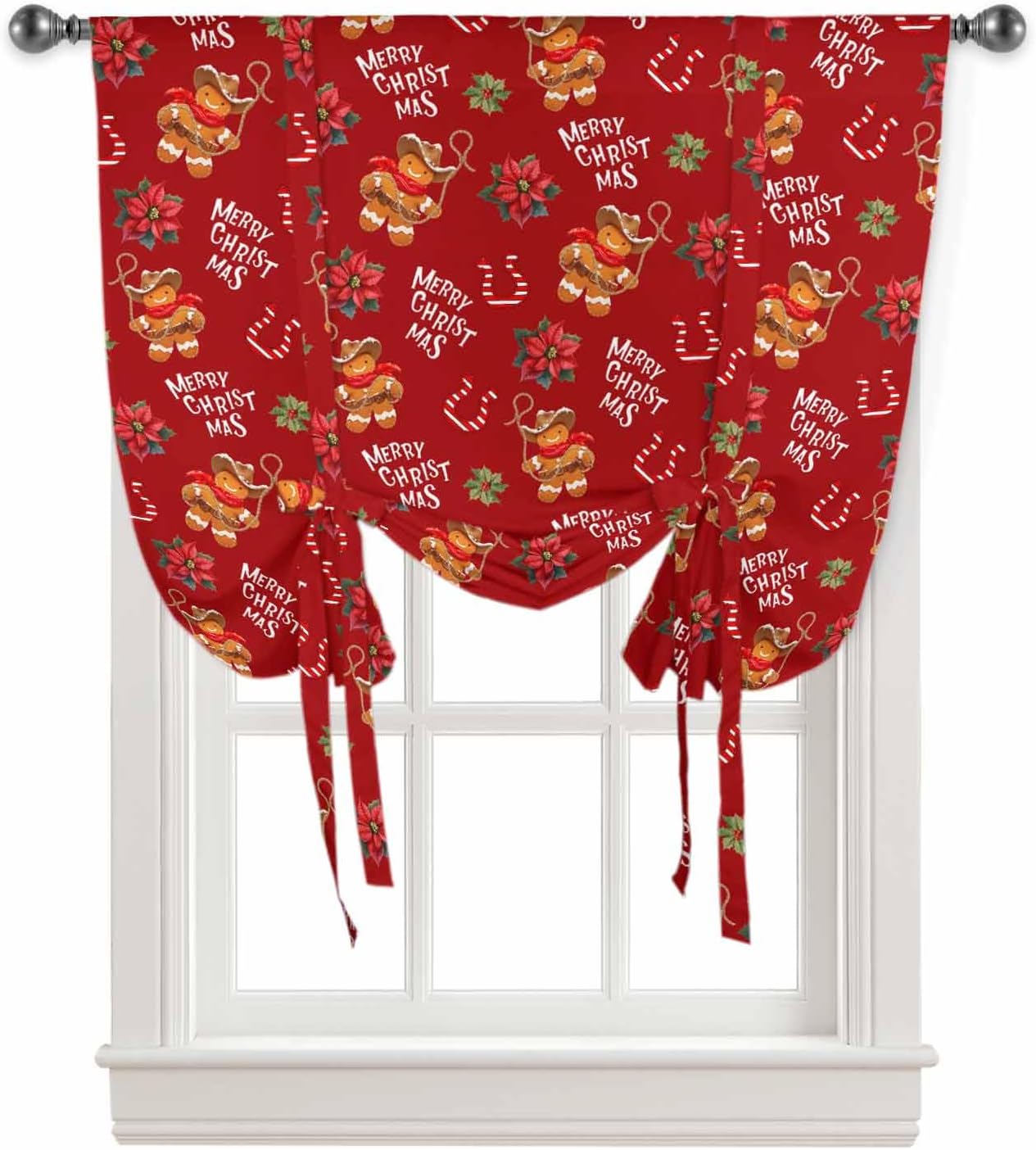 Christmas Gingerbread Red Tie Up Curtain for Window Blackout Balloon Valance Curtain for Bathroom Western Winter Xmas Blue Poinsettia Adjustable Window Shade for Kitchen Living Room Bedroom 52"Wx63"L