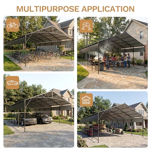 Image of Greesum 20x30FT Heavy Duty Metal Carport with Side Support Rods, Car Port with Vertical Steel Roof for All-Weather Use, Canopy Shelter for Car, Pickup Trucks, Party, Boats, Black