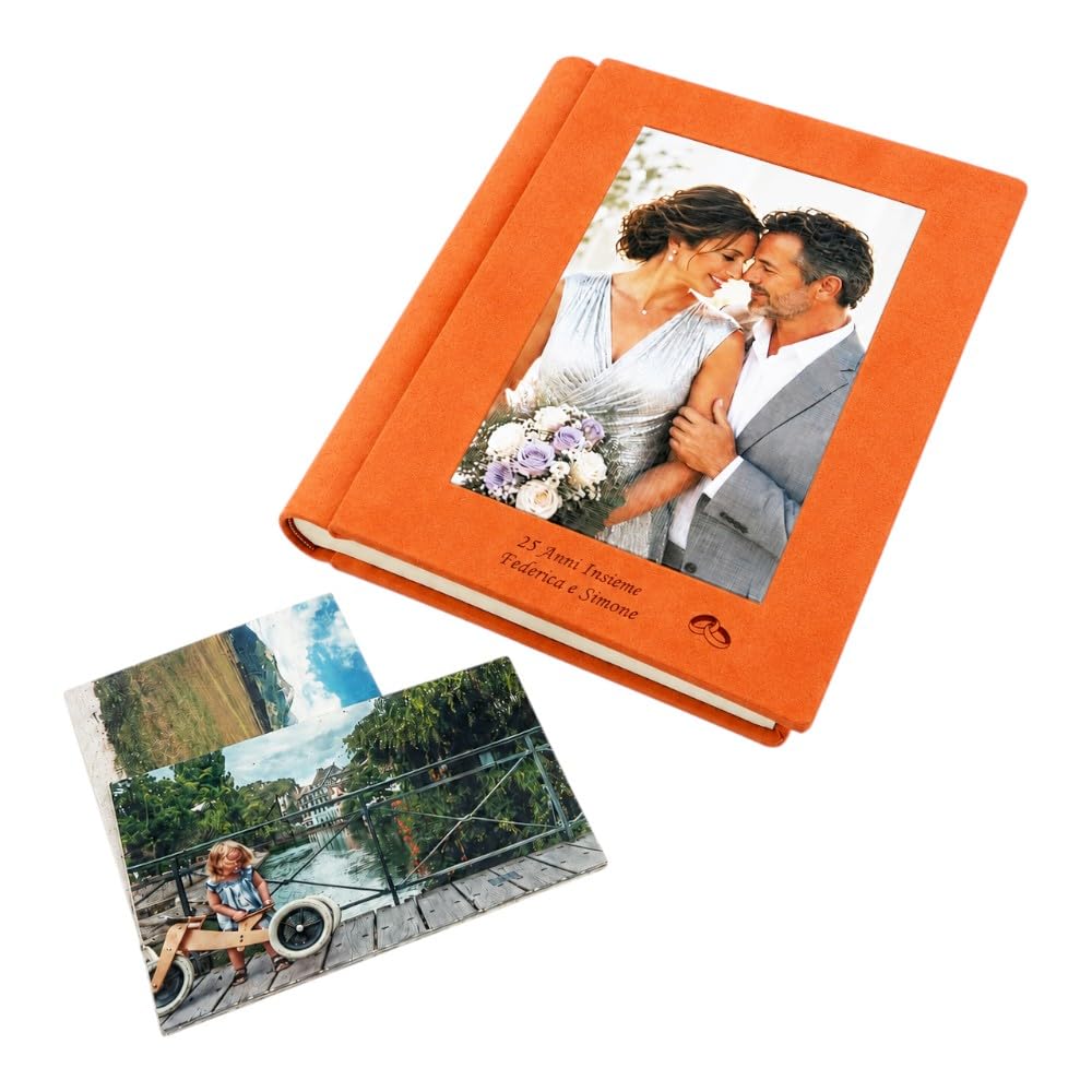Álbum de fotos – Júpiter Fotos – de tejido efecto Alcántara con foto central acolchada plastificada, con grabado, clásico con papel de seda, para boda, comunión, aniversario, boda, color naranja