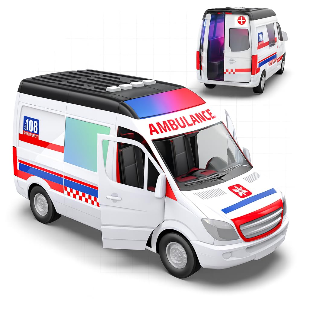 Mirana Ambulance - Big Toy Van for Kids with Multiple Emergency Siren Sound & Lighting - 4 Preloaded Baby Rhymes Included - Openable Doors - Friction Powered Wheels and Durable Gift for Boys & Girls