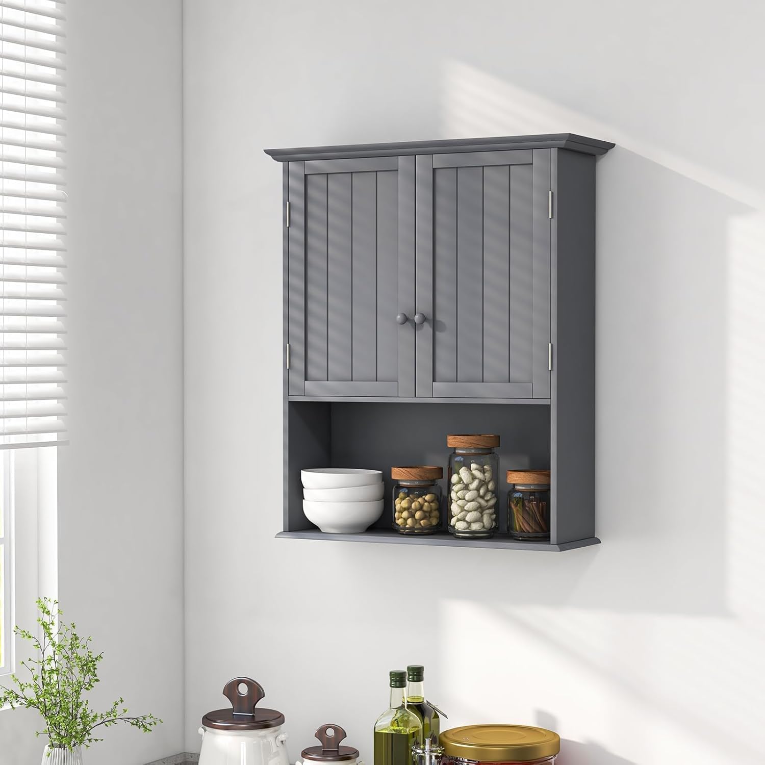 Bathroom Wall Cabinet, 2-Door Over The Toilet Cabinet with Adjustable Shelf & Open Storage Shelf, Wall Mounted Bathroom Cabinet, Hanging Medicine Cabinet for Living Room, Entryway (Grey)
