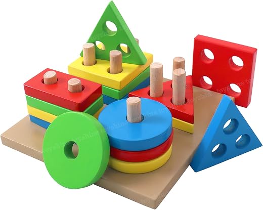 Toyshine Wooden Building Blocks Shapes Square Column Blocks Sorting &amp; Stacking Toys for Kids Toddlers for 1 2 3 Year Old -...