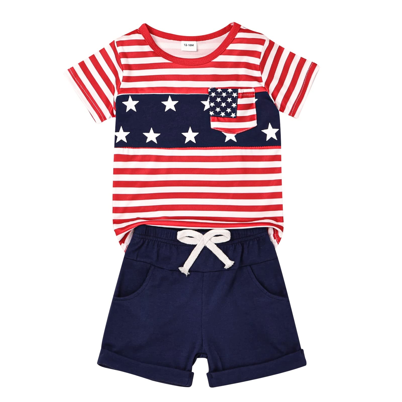 KAFIREN Baby Boy 4th of July Outfit 18 Months Boy Clothes American Flag Star Shirt Pocket Pants 2 Piece 18-24 Months
