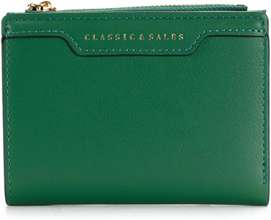 Slim Genuine Leather Wallet for Women Bifold/Trifold Compact with Zipper Pocket Black (Green)