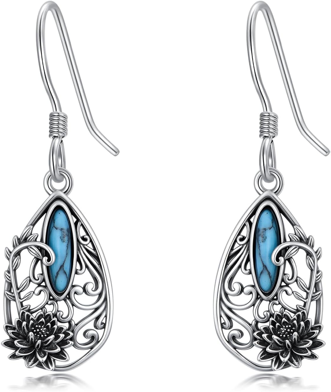 PELOVNY Sunflower/Lotus/Rose Earrings for Women 925 Sterling Silver Filigree Turquoise Moonstone Lapis Lazuli Moss Agate Dangle Earrings Birthday Christmas Jewelry Gifts for Mom Daughter Wife
