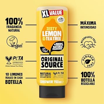 Original Source Lemon & Tea Tree Shower Gel, 100 Percent Natural Fragrance, Vegan, Cruelty Free, Paraben Free, Large Bottle, 750 ml