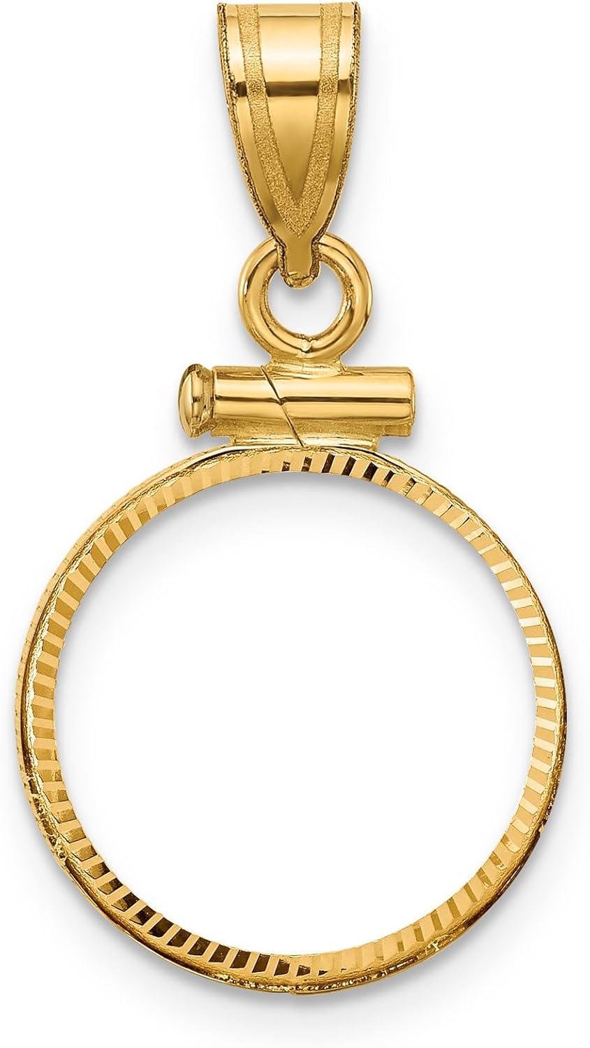 14mm Coin Bezel Pendant in 14k Yellow Gold, Screw Top Frame, Diamond-Cut Reeded Edge Coin Bezels for Necklace