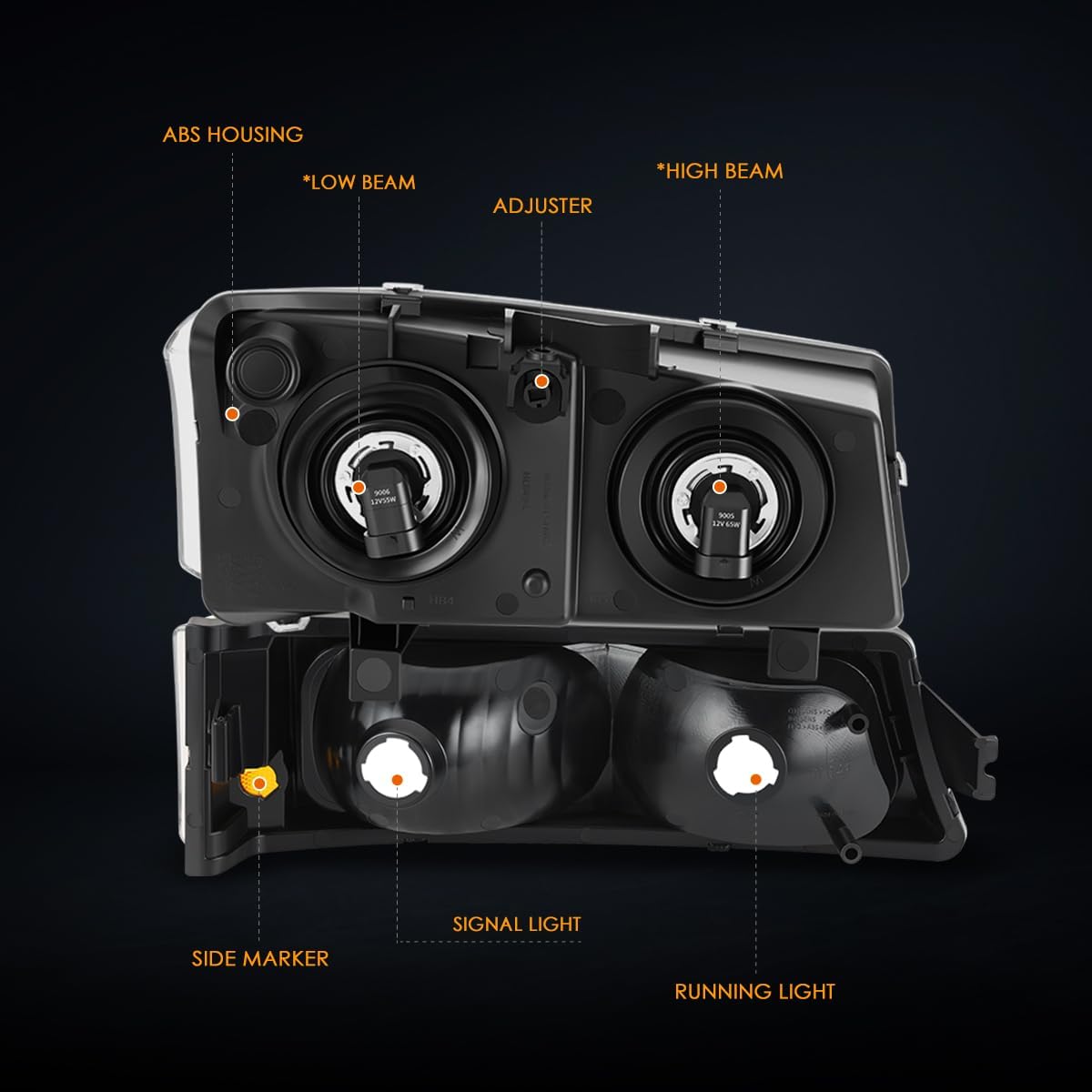 PM PERFORMOTOR Headlights Assembly Compatible with 2003 2004 2005 2006 2007 Chevy Silverado / 2003 2004 2005 2006 Chevy Avalanche 4Pcs Headlamps+Bumper Lamps Black Housing Amber Corner
