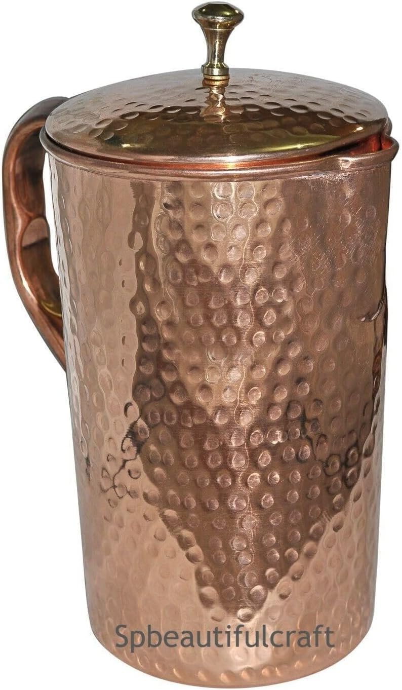 HRS India Pure Copper Water Pitcher Jug Hammered Brass Knob Drinking Storage Pot Health Benefits 1500ML