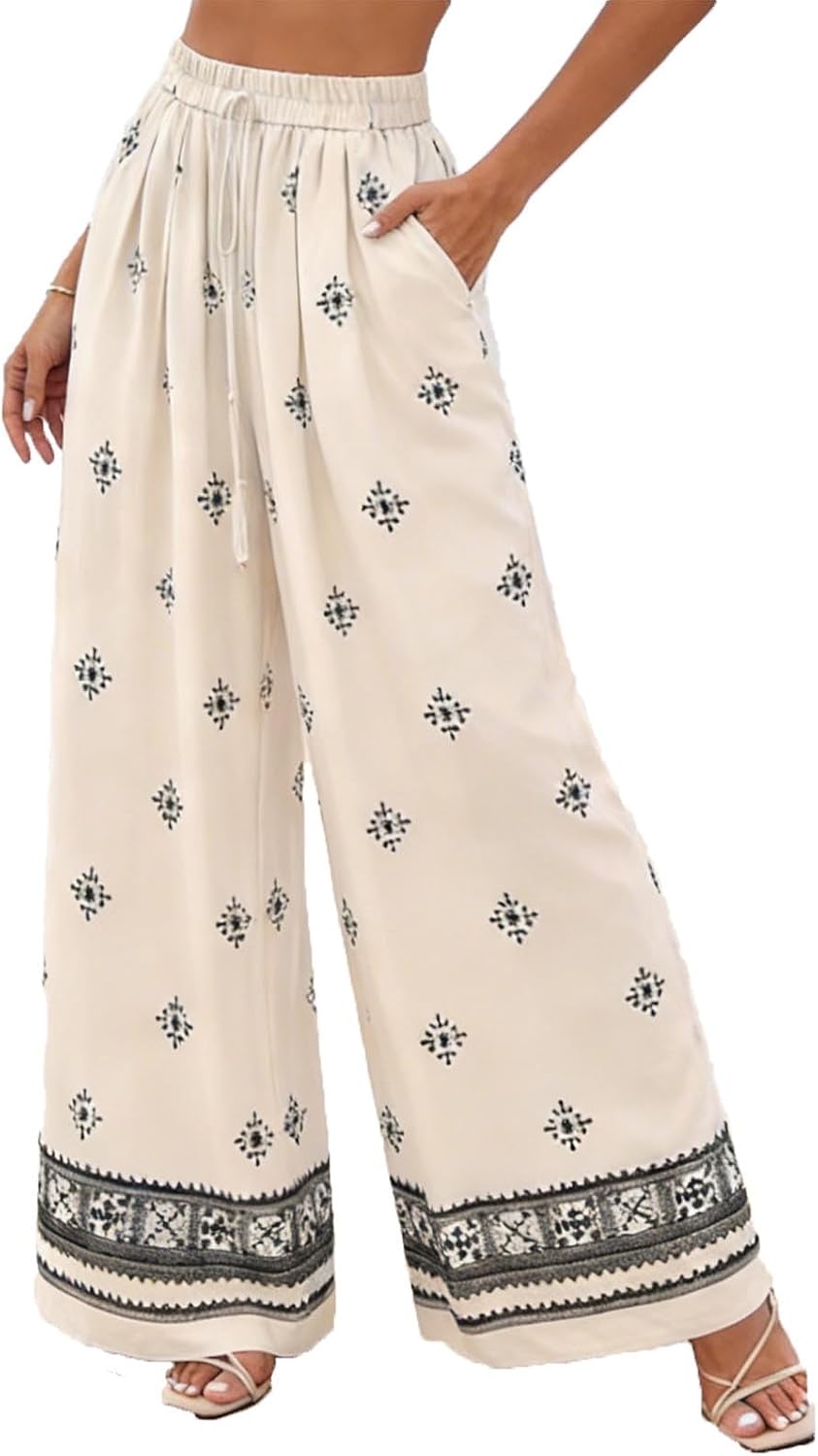 High Waisted Wide Leg Palazzo Pants for Women Summer Beach Vacation Lounge Trousers with Pockets Trendy Boho