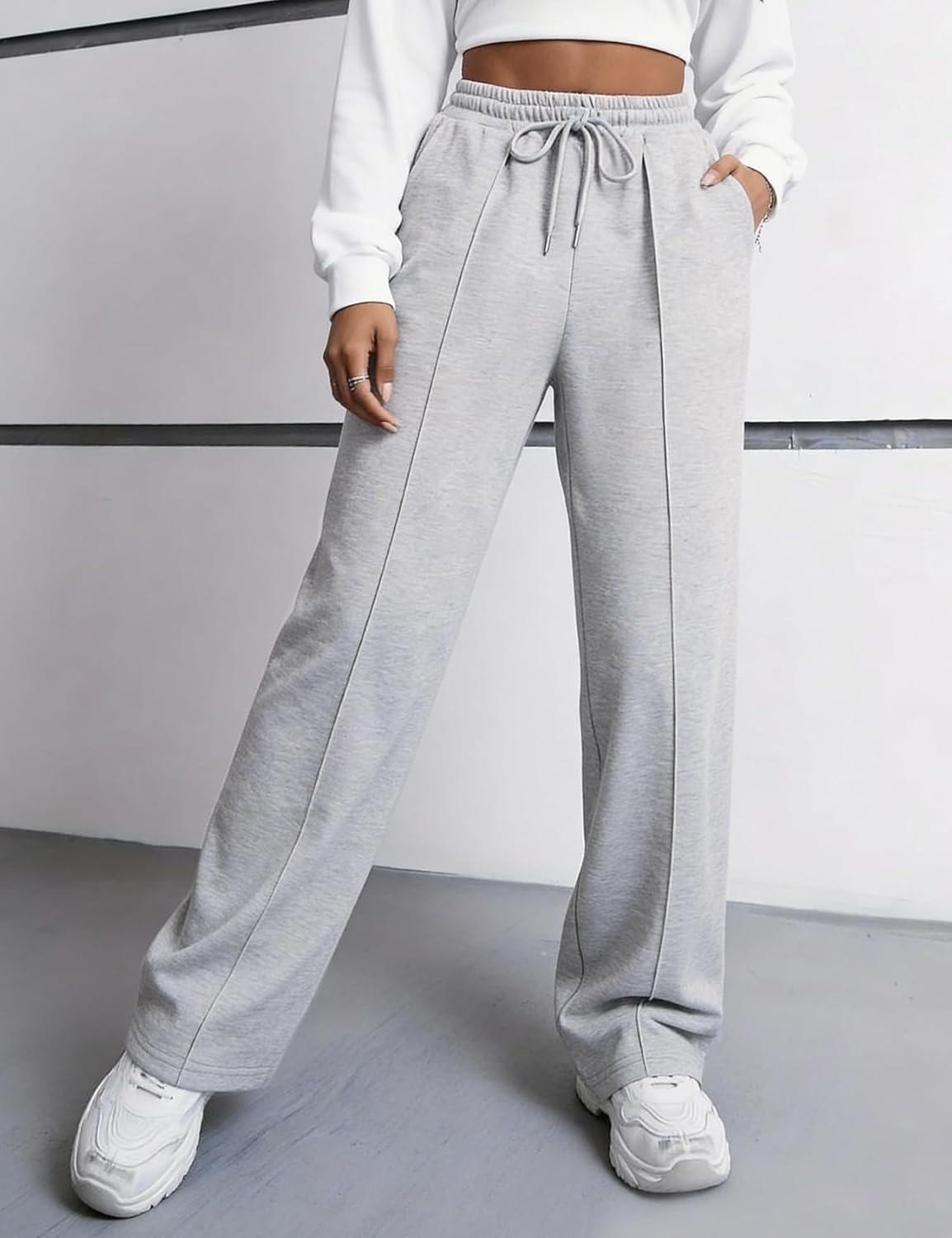 Flygo Womens Wide Leg Sweatpants Drawstring Elastic Waist Baggy Pants Trendy Loose Athletic Joggers with Pocket - Image 2