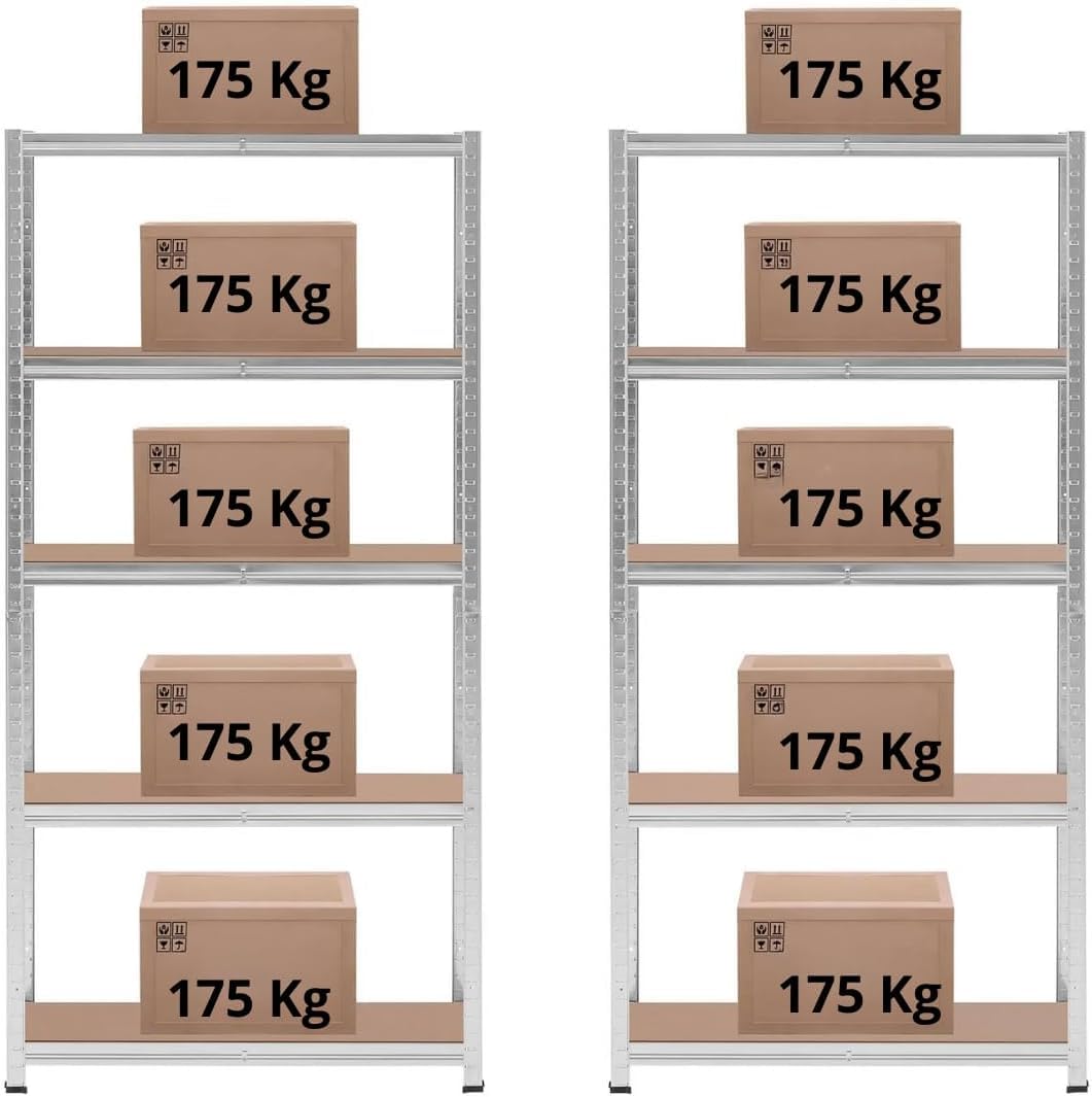 Set di 2 Scaffali in Metallo Zincato e MDF Per Carichi Pesanti Portata 875 kg Con 5 Ripiani Regolabili da 175 kg Per Garage, Magazzini, Cantine 180x90x40 cm