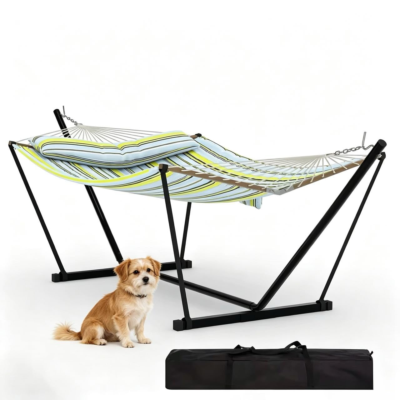 450Lbs Hammock with Stand, Garden Double Hammocks with Stable Metal Stand, Detachable Pillow, v Shaped Hardwood Spreader Bar for Indoor, Outdoor, Backyard, Beach, Light Blue and Green