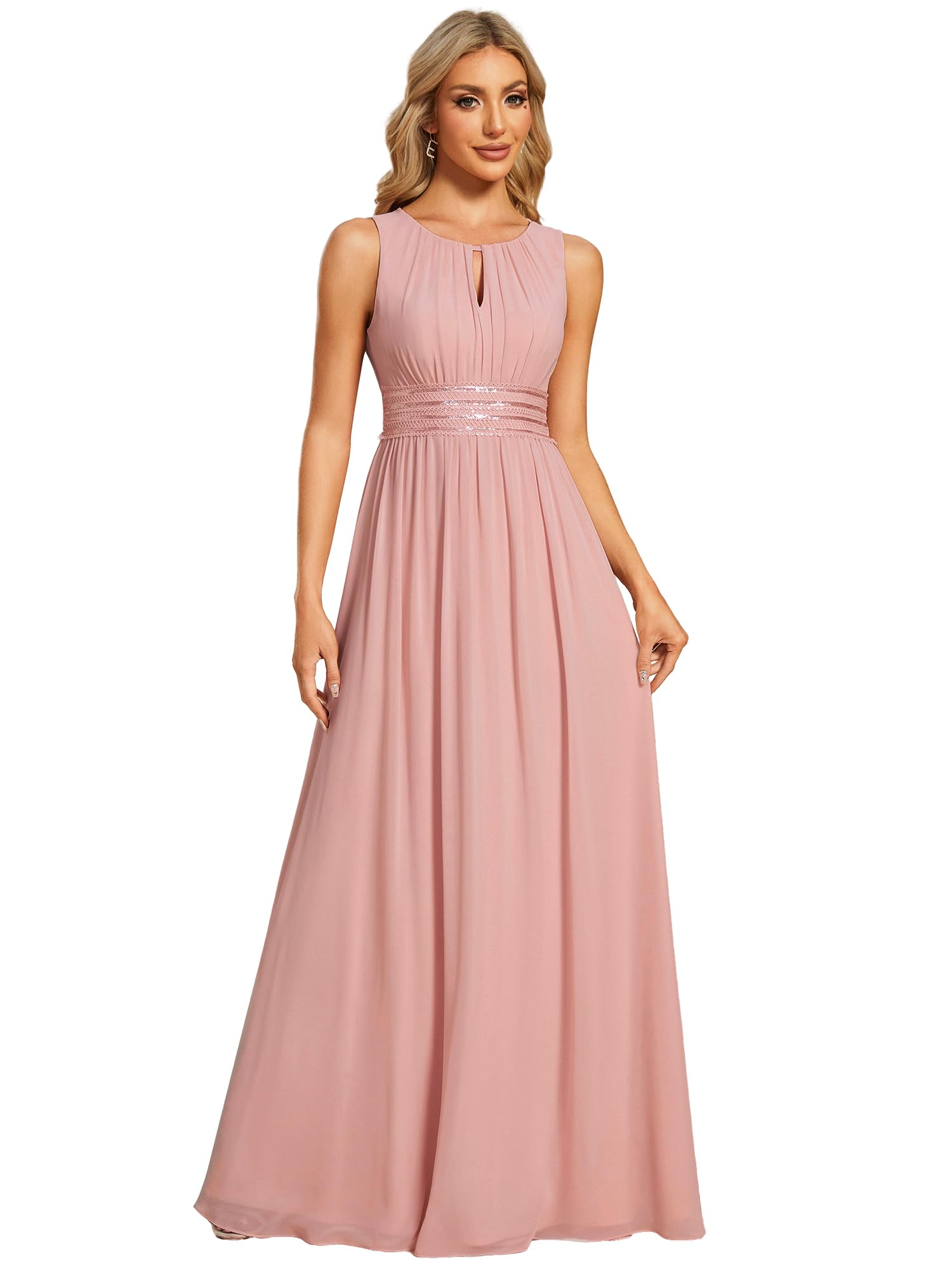 Ever-Pretty Womens Fall Crew Neck Sleeveless Ruched A Line Hollow Out Sequin Maxi Formal Wedding Guest Dress 01955