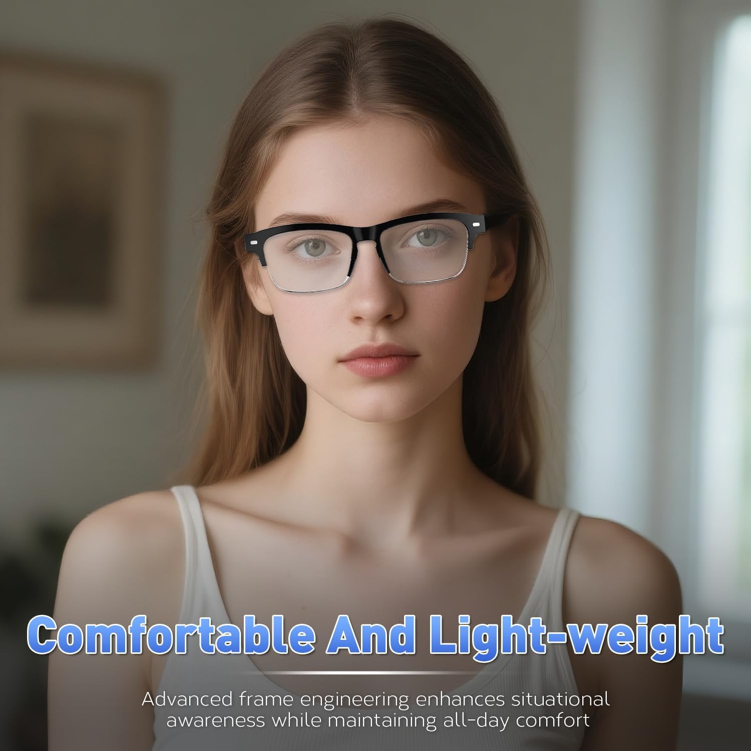 Smart Glasses, Bluetooth Blue light Glasses with Half Frame Design, Color-Change Lenses, Open-Ear Speakers, Intelligent Control, Wearable Tech Bluetooth Glasses for iPhone Android Music/Calls