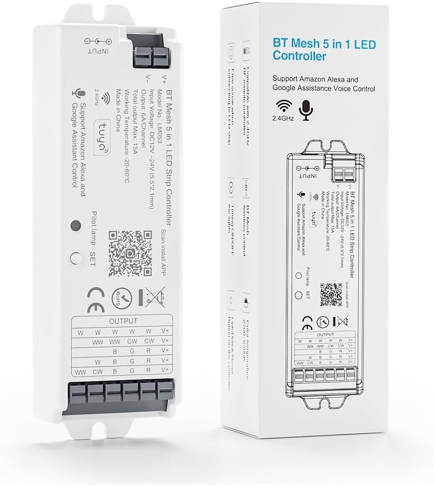 5in1 WB5 2.4GHz WiFi PWM LED Controller Compatible with Alexa Google Home Smart Life Tuya APP for Dimming CCT RGB RGBW RGBCCT LED Strip Light Controller Works with WR01RF WR02RF, DC12V-24V
