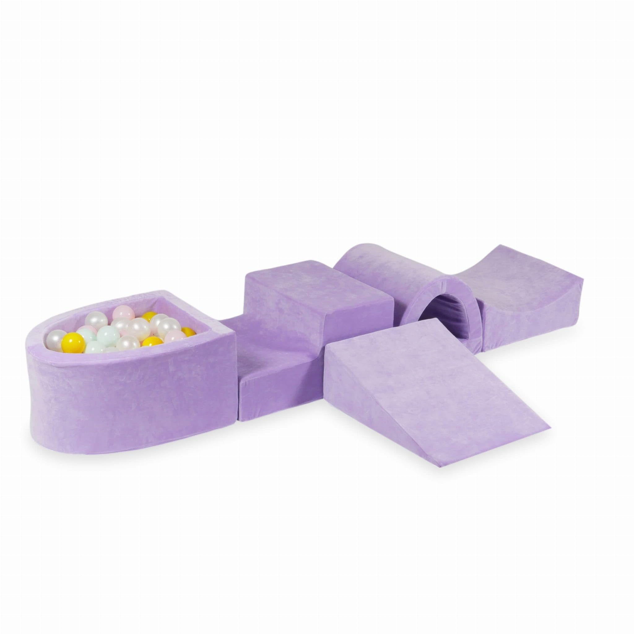 Mimii Parco giochi in schiuma con piscina con palline e ponte Velvet Soft viola (100 palline: perla/rosa chiaro/giallo/menta chiaro), grandi mattoncini da costruzione per gattonare e arrampicare