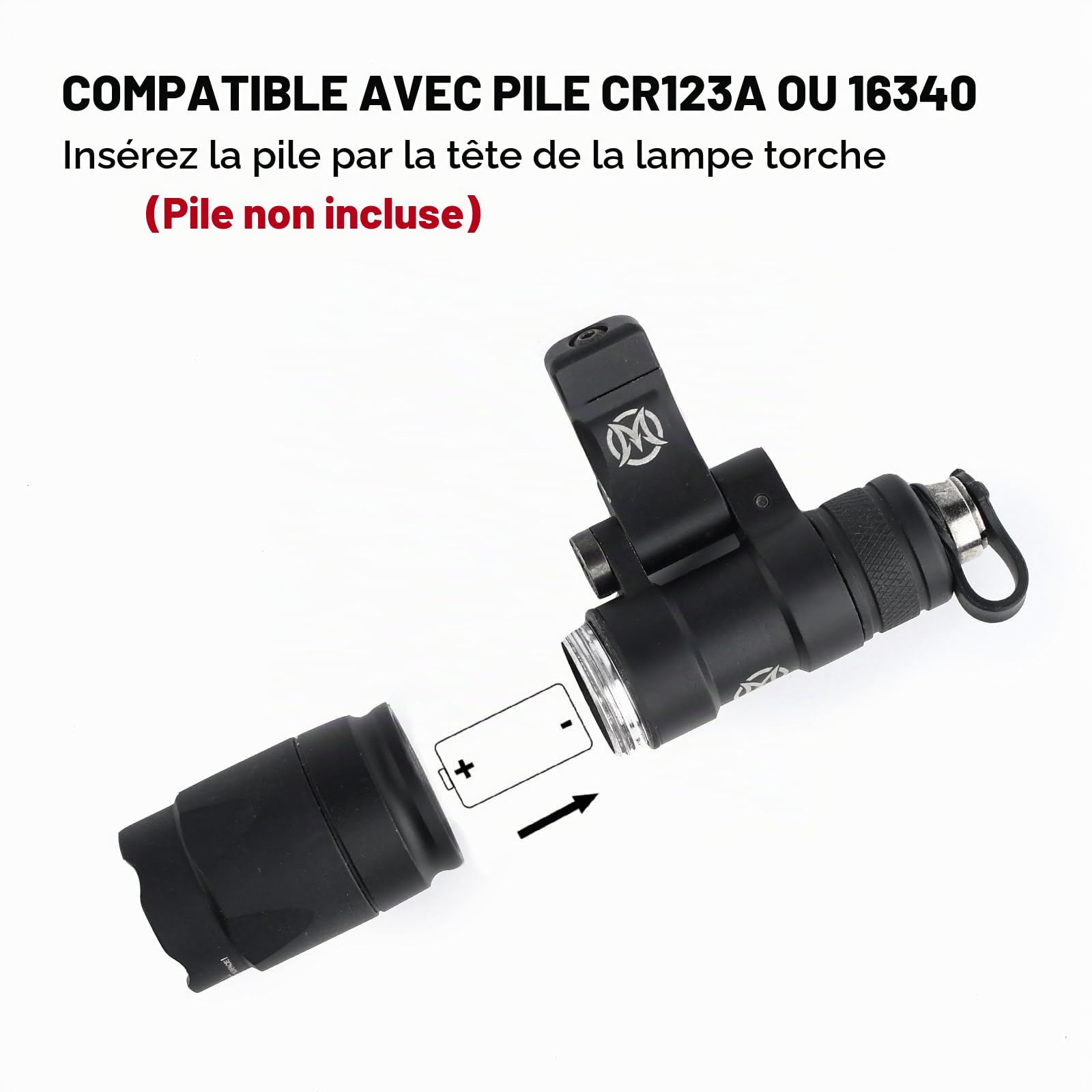 M340A Lampe de Poche Fixe Tactique, 600 Lumens Lampe LED Torche | Avec Coussin de Pression et Double Bouton de Queue pour Système MLOK/Keymood/20mm à Rail,Noir