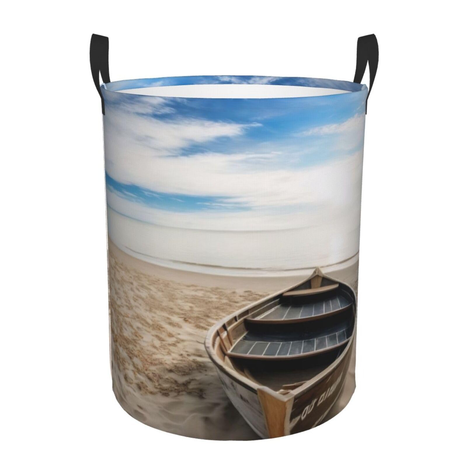 Xdhffjuck Black Circular Laundry Basket | Boat On The Beach | Foldable Laundry Hamper, Waterproof Oxford Cloth Dirty Laundry Basket With Handles, Toy Storage Basket For Bedroom, Bathroom, Office, College Dorms