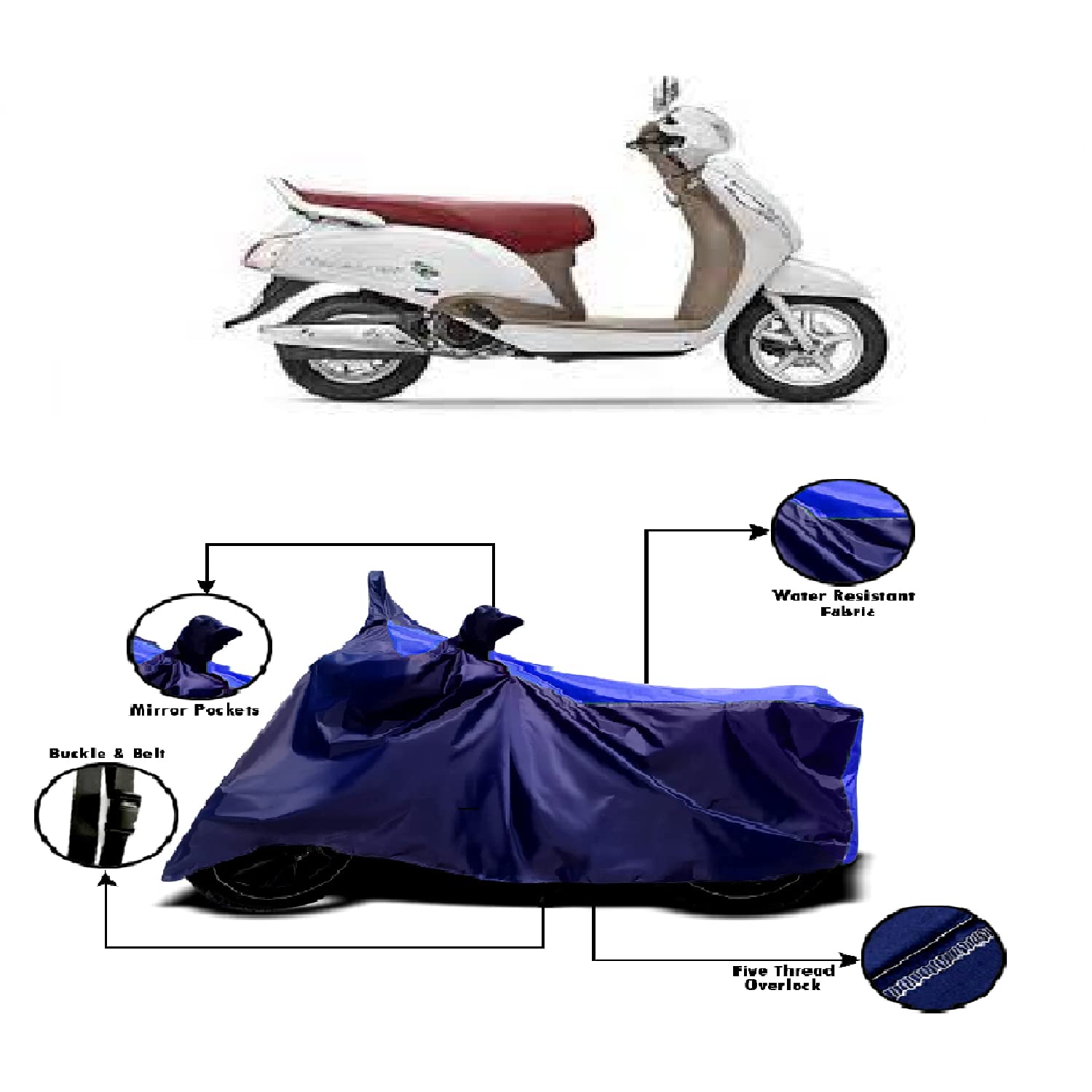 SWARISH TWO WHEELER COVER With five thread overlock StitchSWARISH Access 125 Cover Waterproof - Suzuki Access 125 Cover Waterproof - Suzuki Access 125 Accessories All Parts With Interlock Stitched Ultra Surface Body Protection (Blue Stripes)ed Ultra Surface Body Protection (Blue Stripes) (Suzuki New Access 125)
