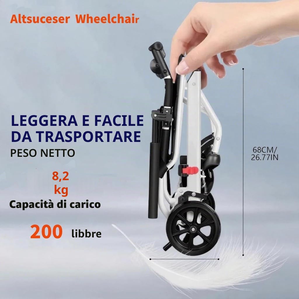 Sedia a rotelle pieghevole leggera, solo 8,2 kg, sedia a rotelle portatile con cinghia di sicurezza regolabile a 270°, braccioli ribaltabili con schienale rimovibile, sedia ergonomica da viaggio per