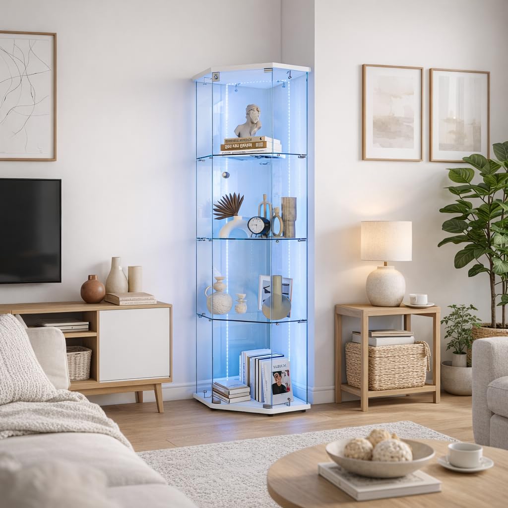 Escaparate de cristal con iluminación LED, armario de colección moderno de cristal de 4 capas, 1 puerta, con puerta y cerradura de armario, almacenamiento (blanco 5 lados A, 1 puerta, 4")