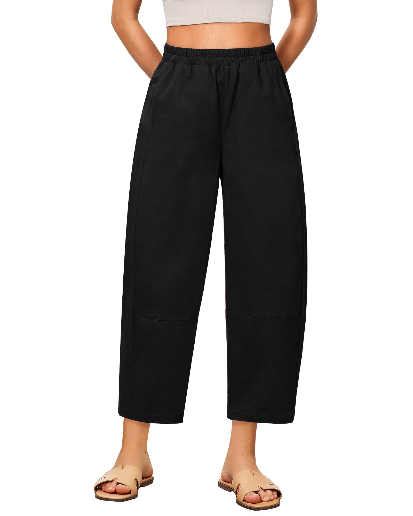 GRAPENT Wide Leg Pants Woman High Waisted Trendy Cropped Barrel Pull On Baggy Elastic Waist Loose Fit Pants