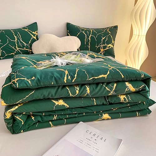 Miniatura 7 de Donaness Juego de edredón de mármol metálico con purpurina dorada y verde dorado, juego de ropa de cama de lujo con estampado de papel de aluminio