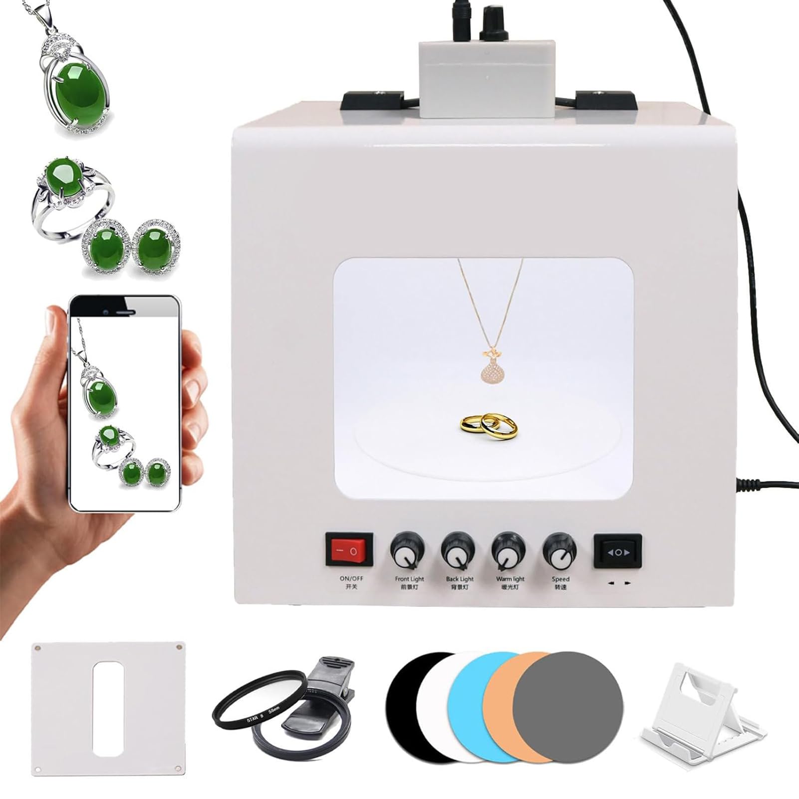 Kit de boîte de Photographie de Bijoux | Boîte à lumière électrique rotative à 360° | Boîte à lumière pour Photographie de Bijoux | pour Placer/Suspendre des Bijoux (White, Tb30)