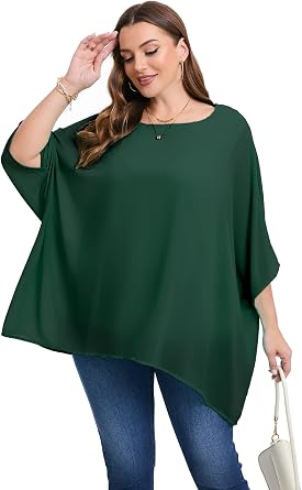 Womens 3/4 Batwing Sleeve Plus Size Elegant Summer Cape Blouse Scoop Neck Oversized Long Casual Tunic Tops Shirts