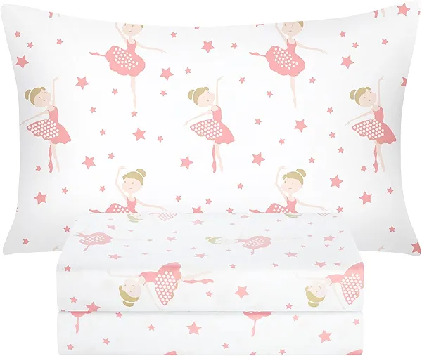 BYSURE Twin Sheets Set Kids(Ballerina, Pink), 3 Pieces Easy Fit Deep Pocket Sheets Set for Girls, Breathable Wrinkle-Free Microfiber Bedding for Children