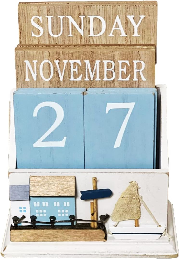 JJA Wooden Beach and House Calendar Wooden Calendar Beach Ocean Wooden Flip Desk Blocks Calendar Sweet Beach House Decal 12cm Week Month Date Display Home Office Decoration (Design 1)