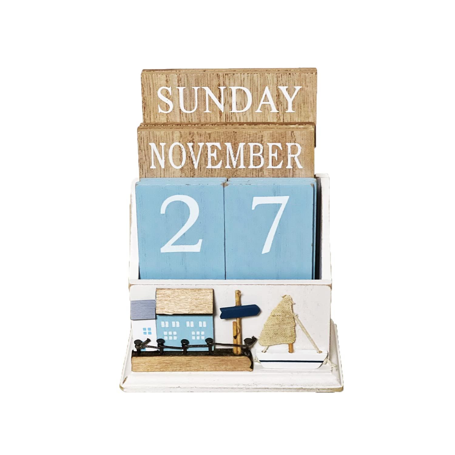 JJA Wooden Beach and House Calendar Wooden Calendar Beach Ocean Wooden Flip Desk Blocks Calendar Sweet Beach House Decal 12cm Week Month Date Display Home Office Decoration (Design 1)