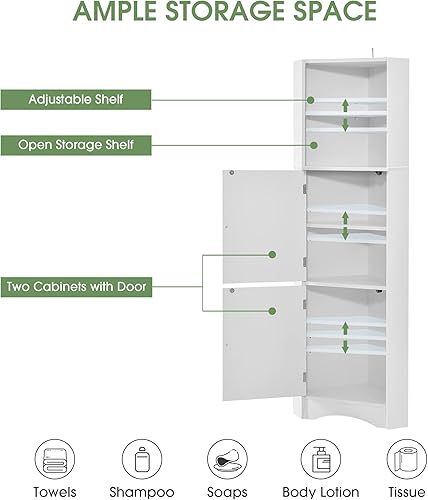 Miniatura 6 de PULLAFUN Armario de esquina alto para baño, armario de almacenamiento independiente con puertas y estantes ajustables, tablero de MDF, color blanco