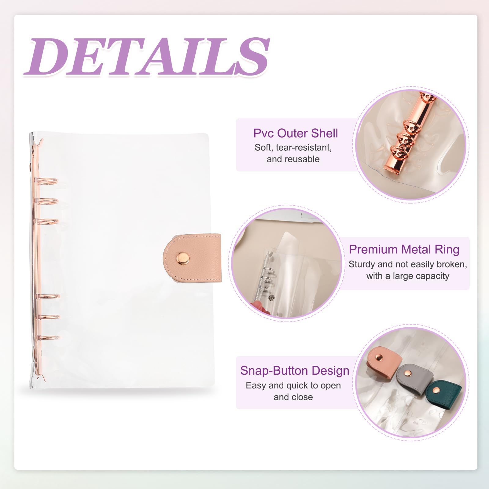 PATIKIL A5 Clear Notebook Binder, Transparent Soft PVC 6-Ring Refillable Planner Cover Planner Binder with Snap Button Closure for Journal Planner Office Organizer Accessories, Gold - Image 3