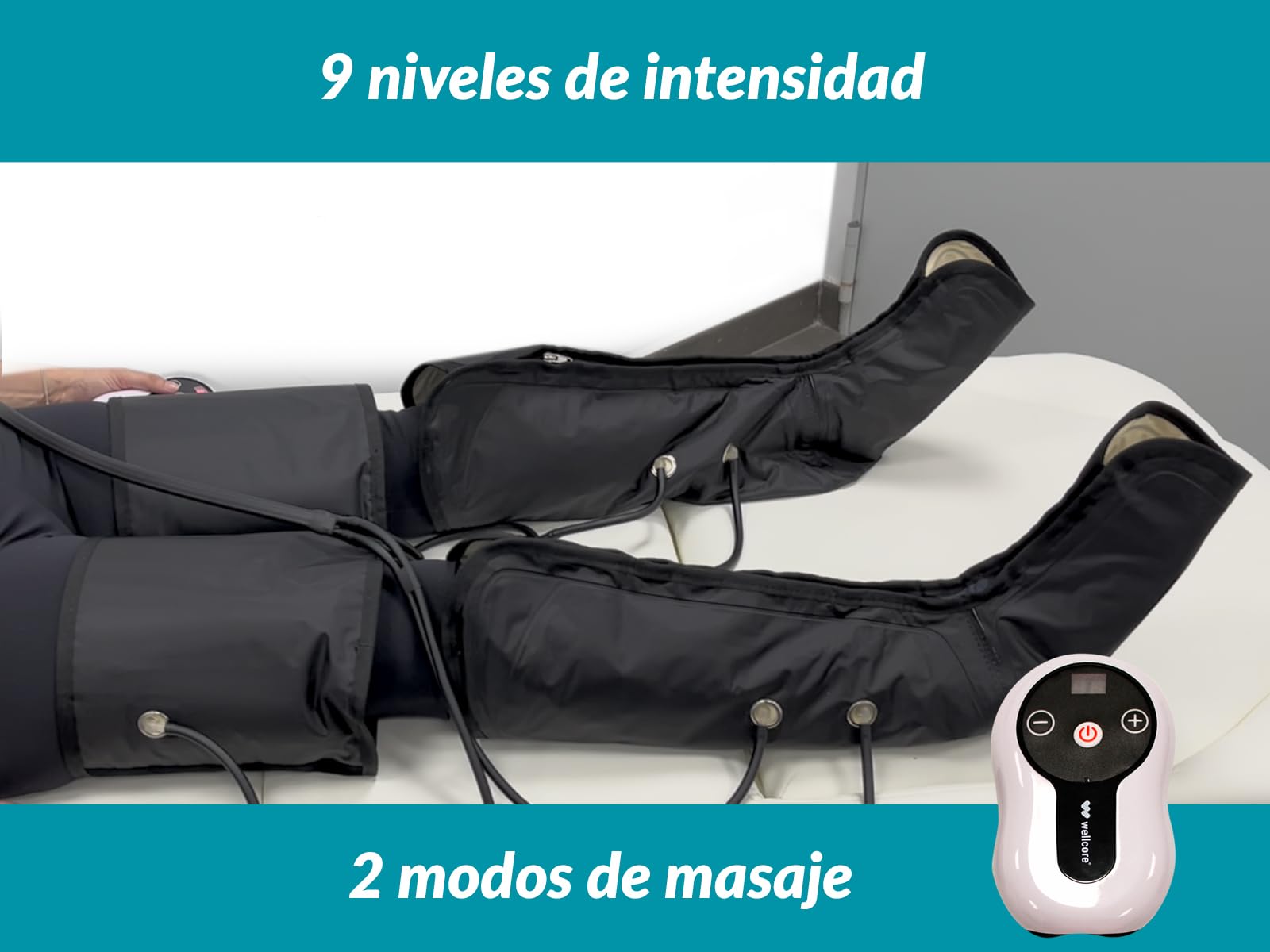 WELLCORE - Stivali pressoterapia con USB, 9 livelli di intensità | 2 modalità di massaggio | Facile da usare, 10 W, massaggio rilassante, sollievo per gambe stanche