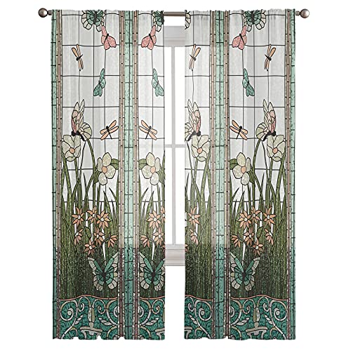 Trendier Semi Sheer Curtains 84 Inch Length,Airy Drapes Bedroom Privacy Curtain, Stained Glass ​Meadow Flower Dragonfly Print Window Treatments Curtains For Living Room Patio Door,2 Panels, 52X84Inx2 #TOP2