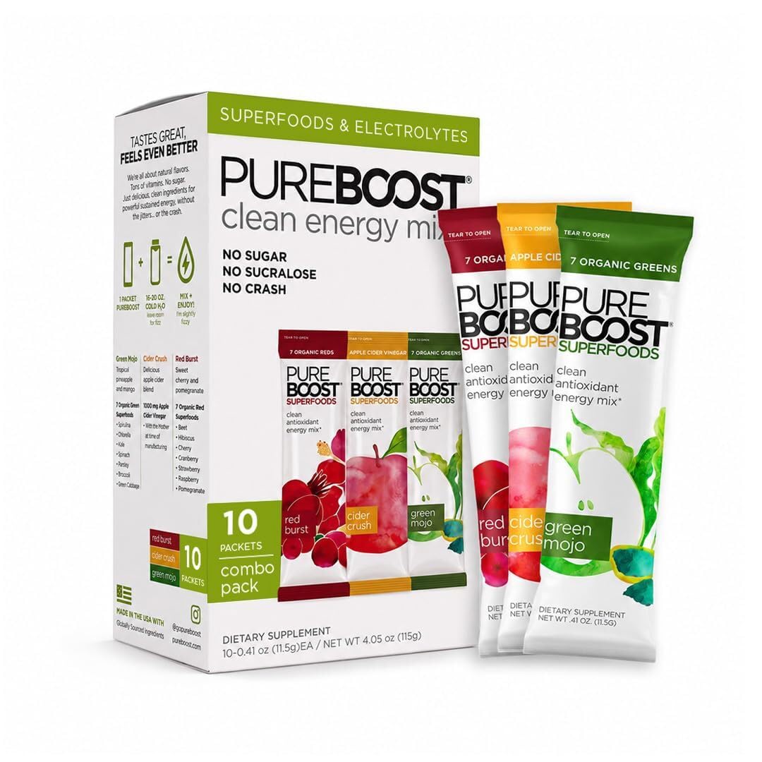 Pureboost Sugar-Free Superfoods Clean Energy Drink Mix, Combo Pack 10ct