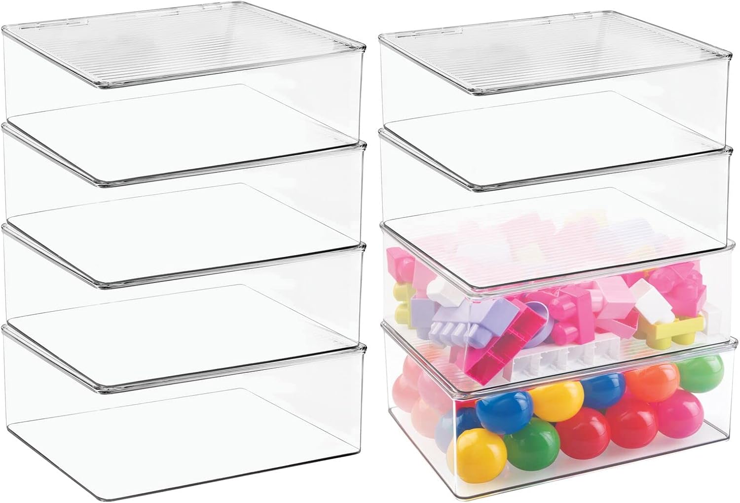 mDesign Plastic Stackable Storage Bin Container Box with Attached Lid for Kids Room, Play Room, Nursery for Organizing Toys, Games, Puzzles, Craft and School Supplies - 8 Pack - Clear