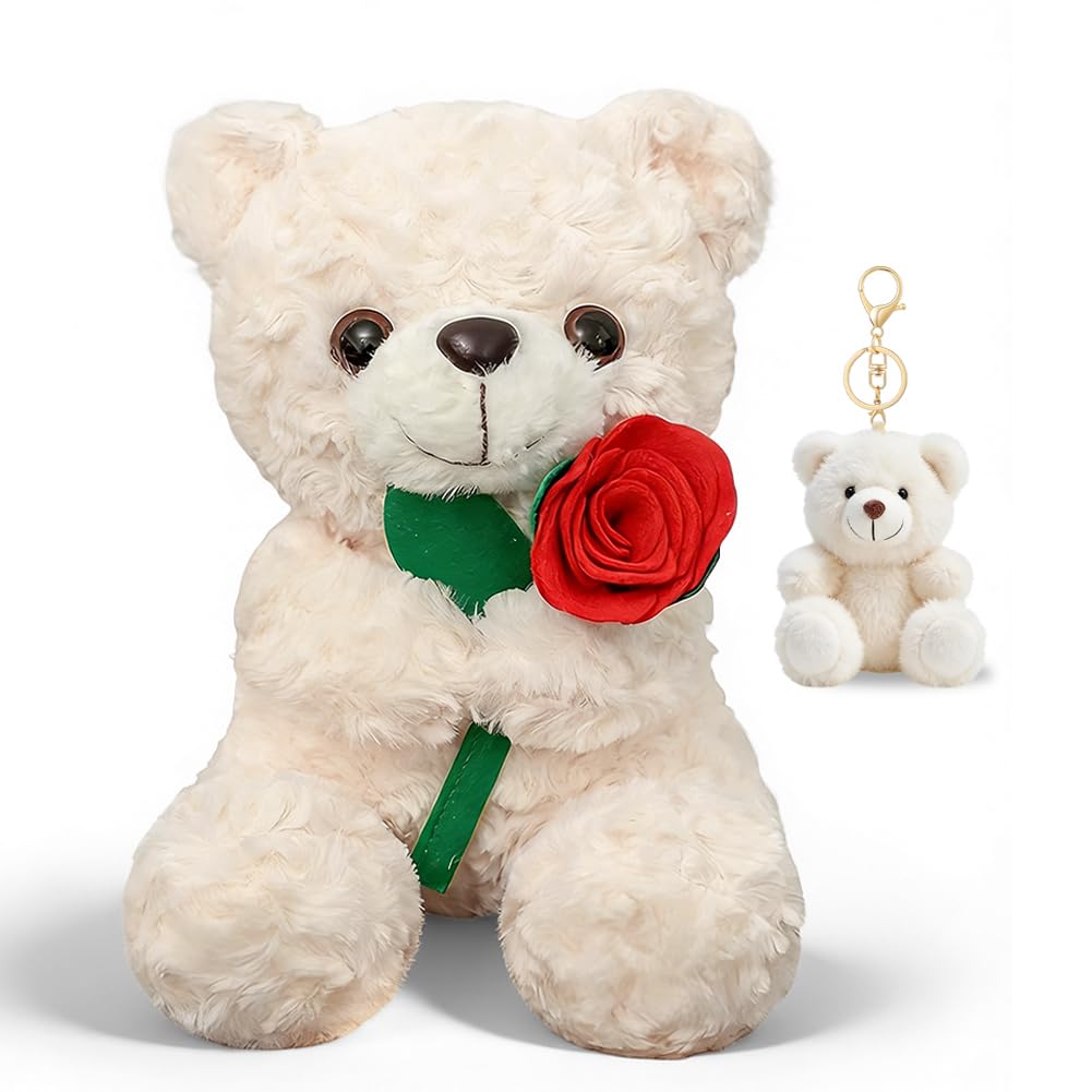 CYGMRFH Bear Stuffed Animal Plush Toy with Keychain for Valentine Day, Cute 20cm Cuddly with Rose Flower Soft Plushie Doll, Sweet Valentine’s Gifts for Valentines Christmas Anniversaries White