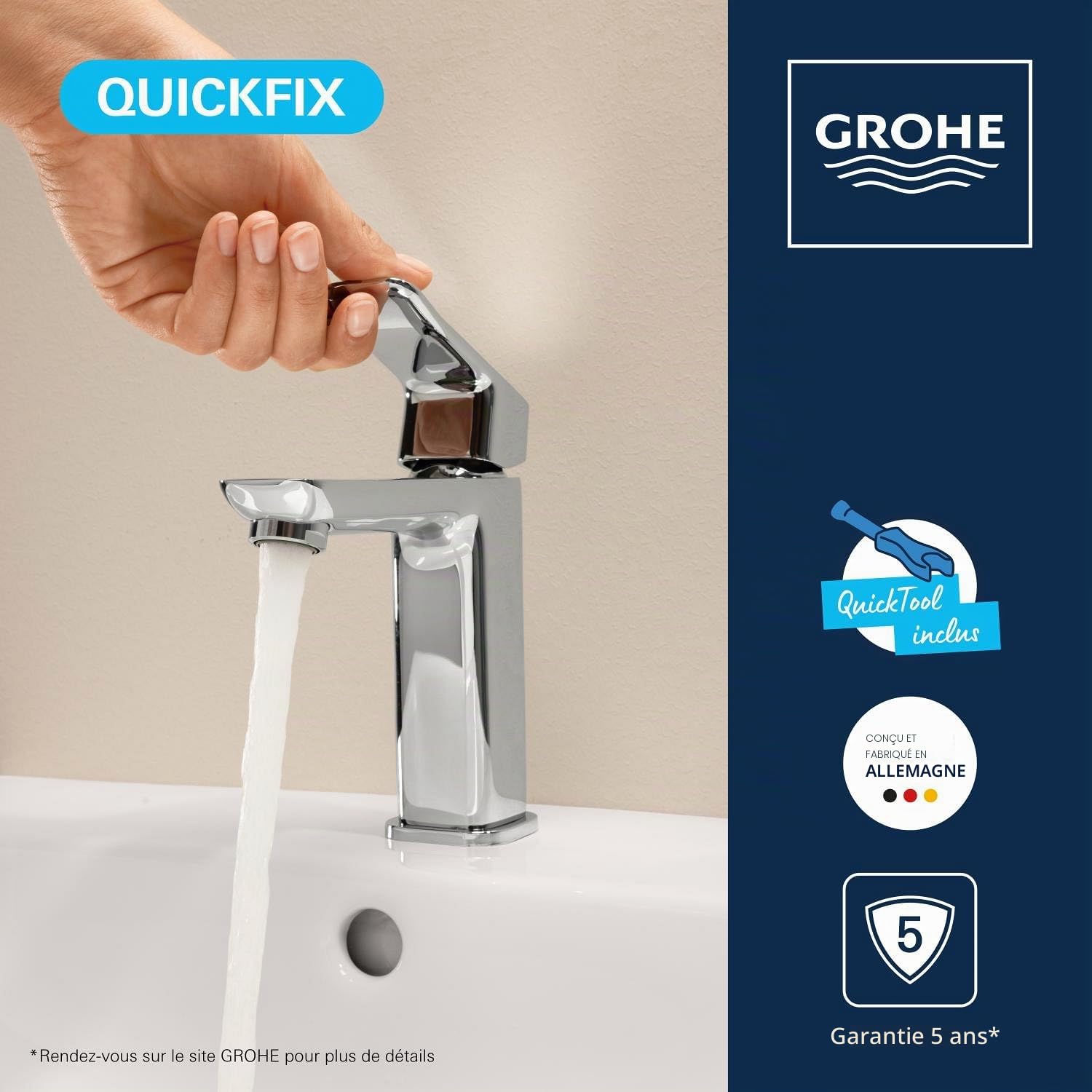 GROHE Dice Mitigeur monocommande Lavabo Taille M (Robinet pour Lavabo de Salle de bain, Avec bonde clic clac, facile à installer avec QuickTool inclus), Chrome, 1018330000