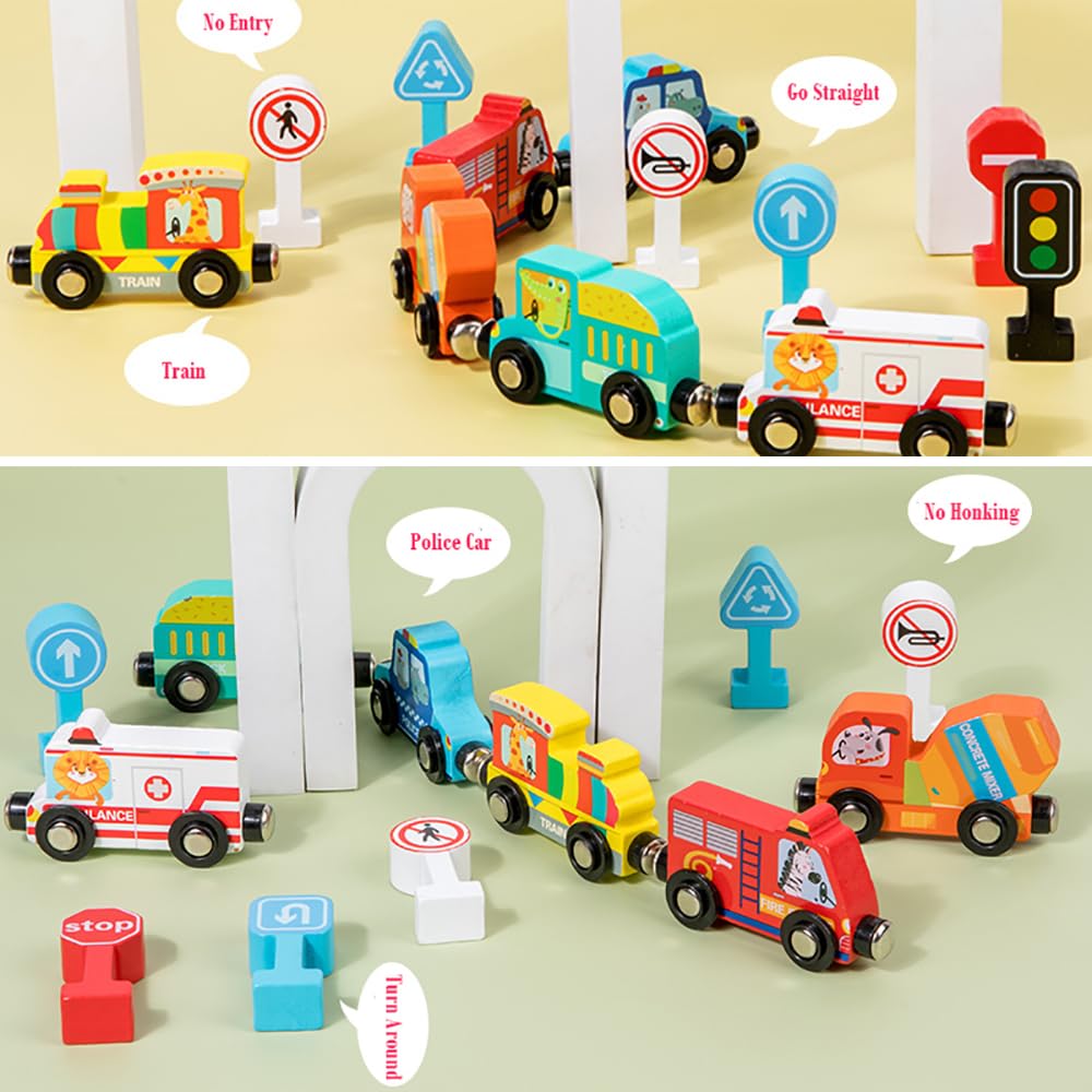 Astrowinter Wooden Trains Cars with Traffic Signs, Magnetic Train Cars Toy Set for Toddlers and Kids AW-067-UK-B - Image 4
