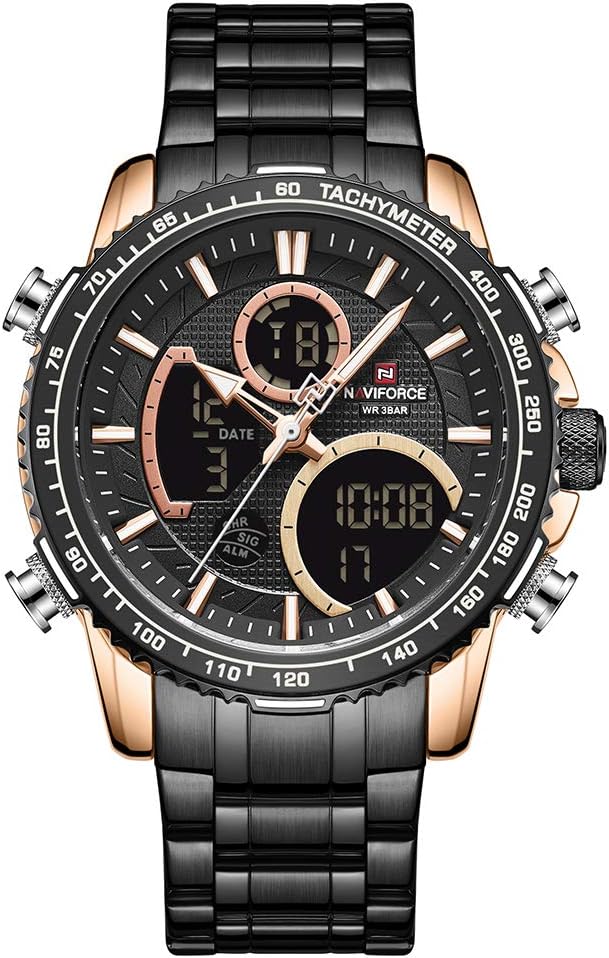 Luxury Stainless Steel Analog Digital Watch Waterproof Sports Quartz Multifunctional Wristwatch with Stopwatch Alarm LED Backlight