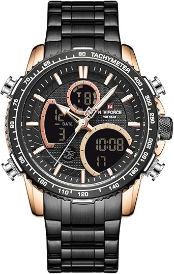 NAVIFORCE Mens Analog Digital Watch Chronograph Waterproof Sport Quartz Watch Business Fashion Stainless Steel Military Multifunction Wrist Watch M NF9182-RG/B