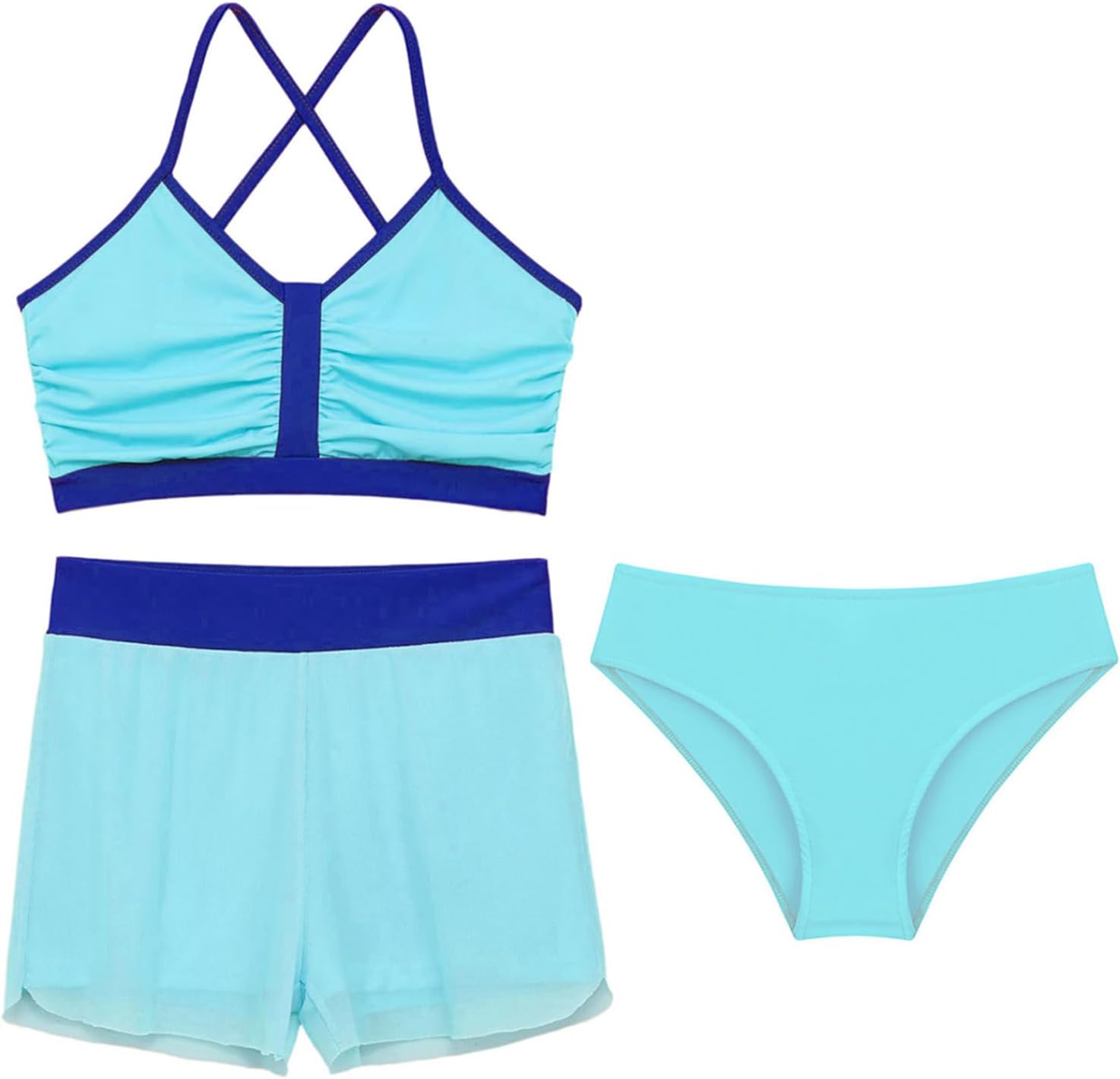 Big Girls 3PCS Athletic Tankini Sets Crisscross Back Swim Top Brief with Shorts